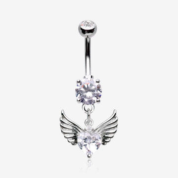 Angelic Wing Heart Sparkle Dangle Belly Button Ring-Clear Gem